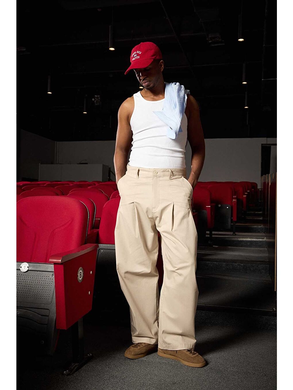 Erkek Süper Baggy Pileli Vintage Pantolon Bej-3