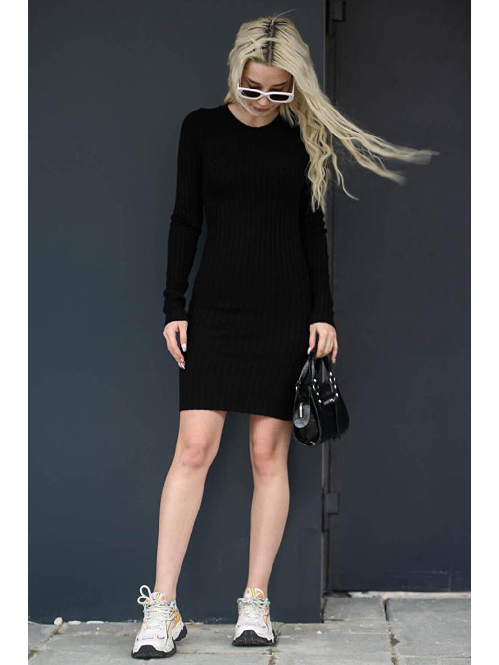 Siyah Bodycon Fitilli Mini Elbise Mg1710