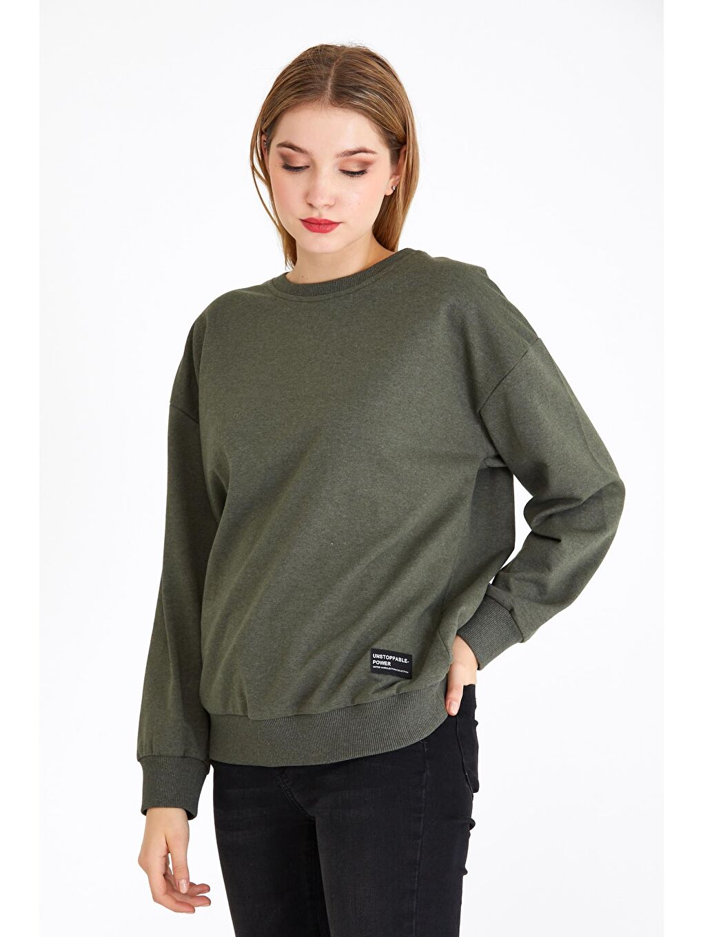Kadın Haki Renk Basic Bisiklet Yaka Sweatshirt-1