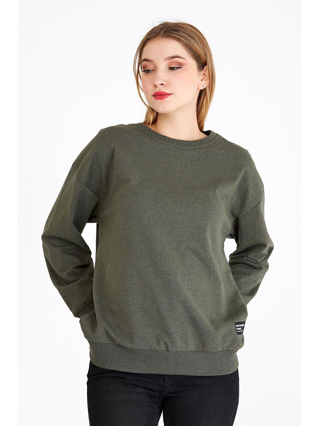Kadın Haki Renk Basic Bisiklet Yaka Sweatshirt-2