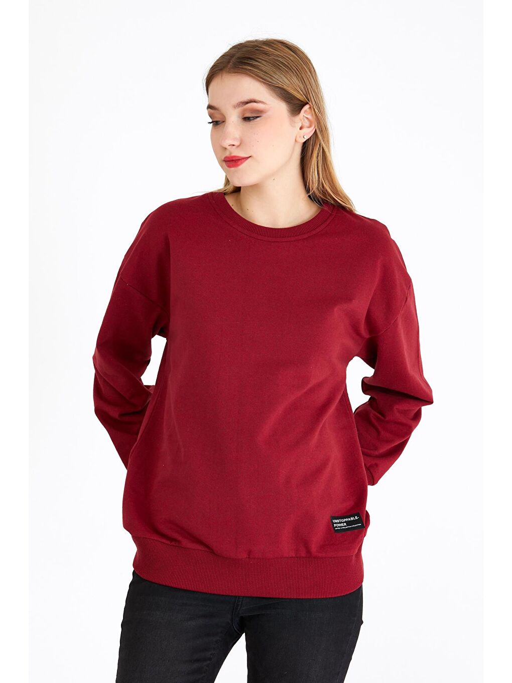 Kadın Bordo Renk Basic Bisiklet Yaka Sweatshirt