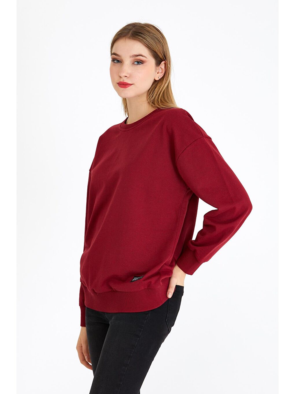 Kadın Bordo Renk Basic Bisiklet Yaka Sweatshirt-1