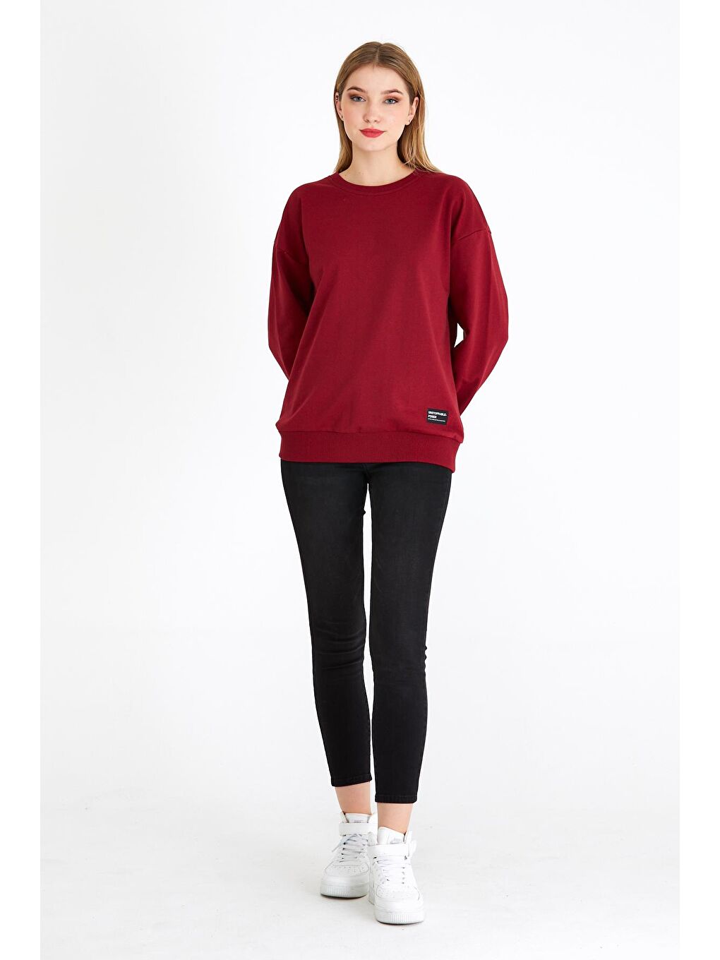 Kadın Bordo Renk Basic Bisiklet Yaka Sweatshirt-2