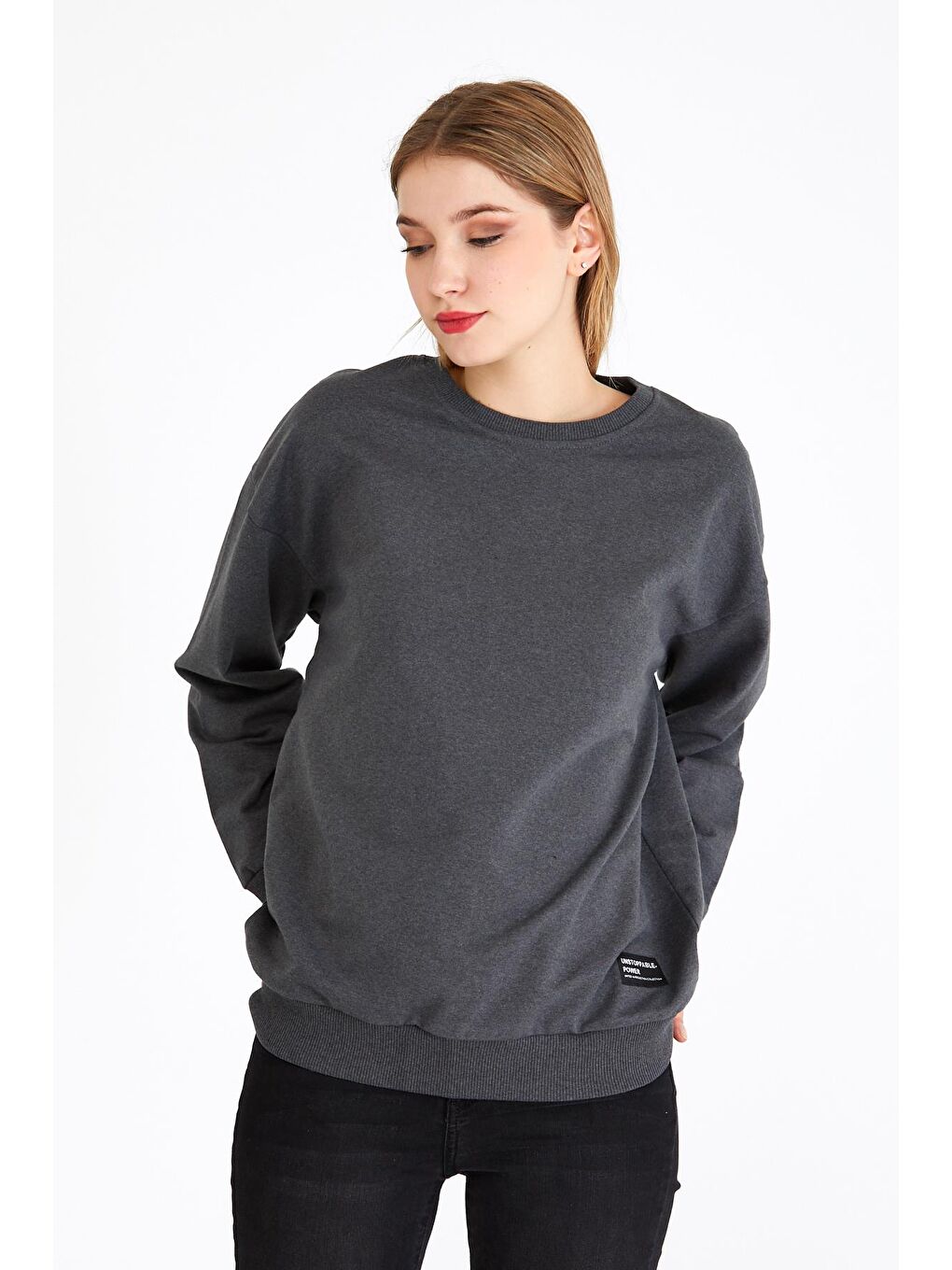 Kadın Antrasit Renk Basic Bisiklet Yaka Sweatshirt-1