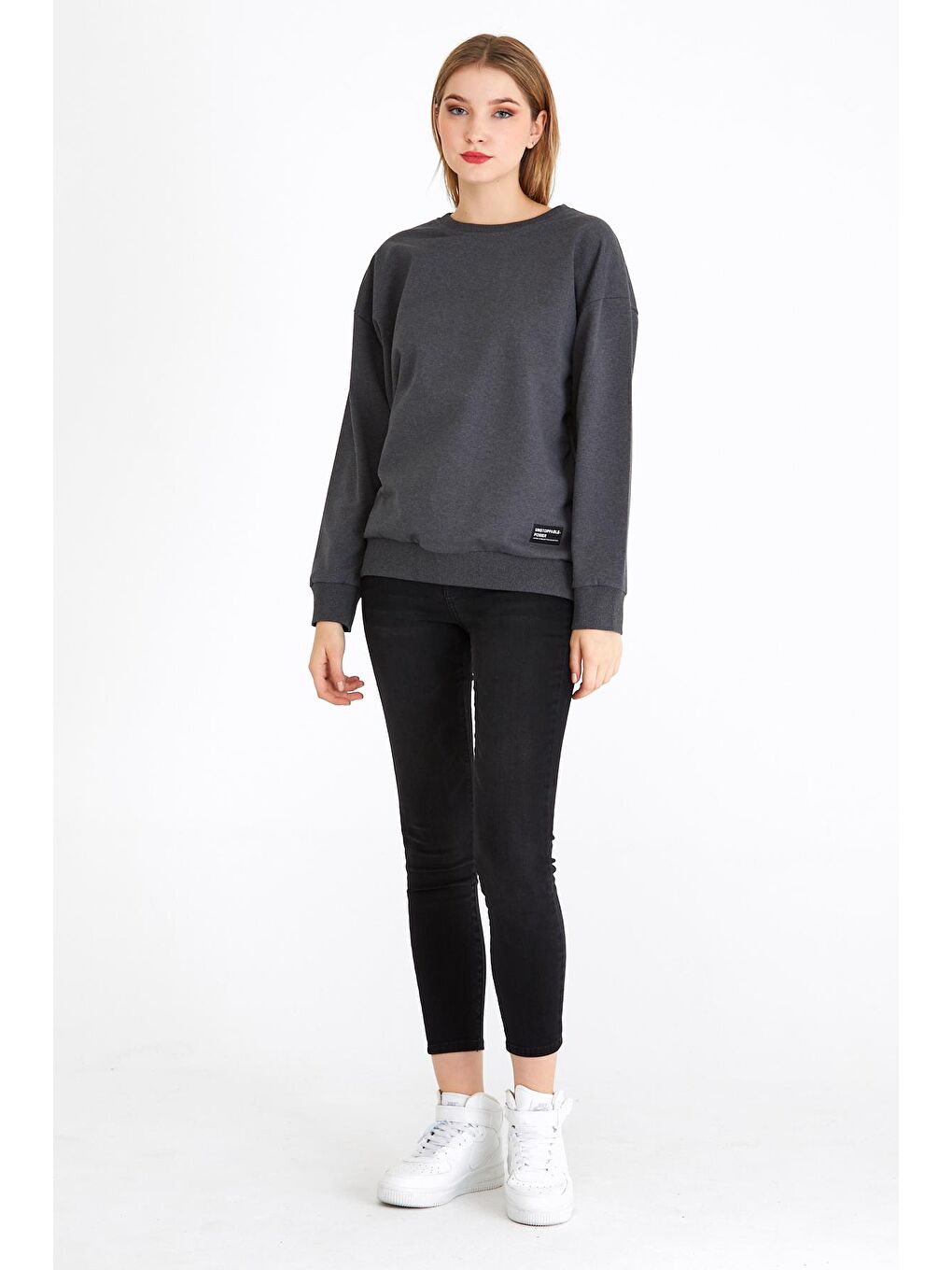 Kadın Antrasit Renk Basic Bisiklet Yaka Sweatshirt-2