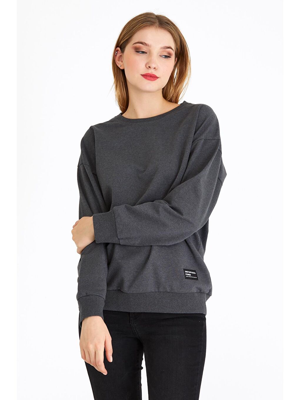 Kadın Antrasit Renk Basic Bisiklet Yaka Sweatshirt-3