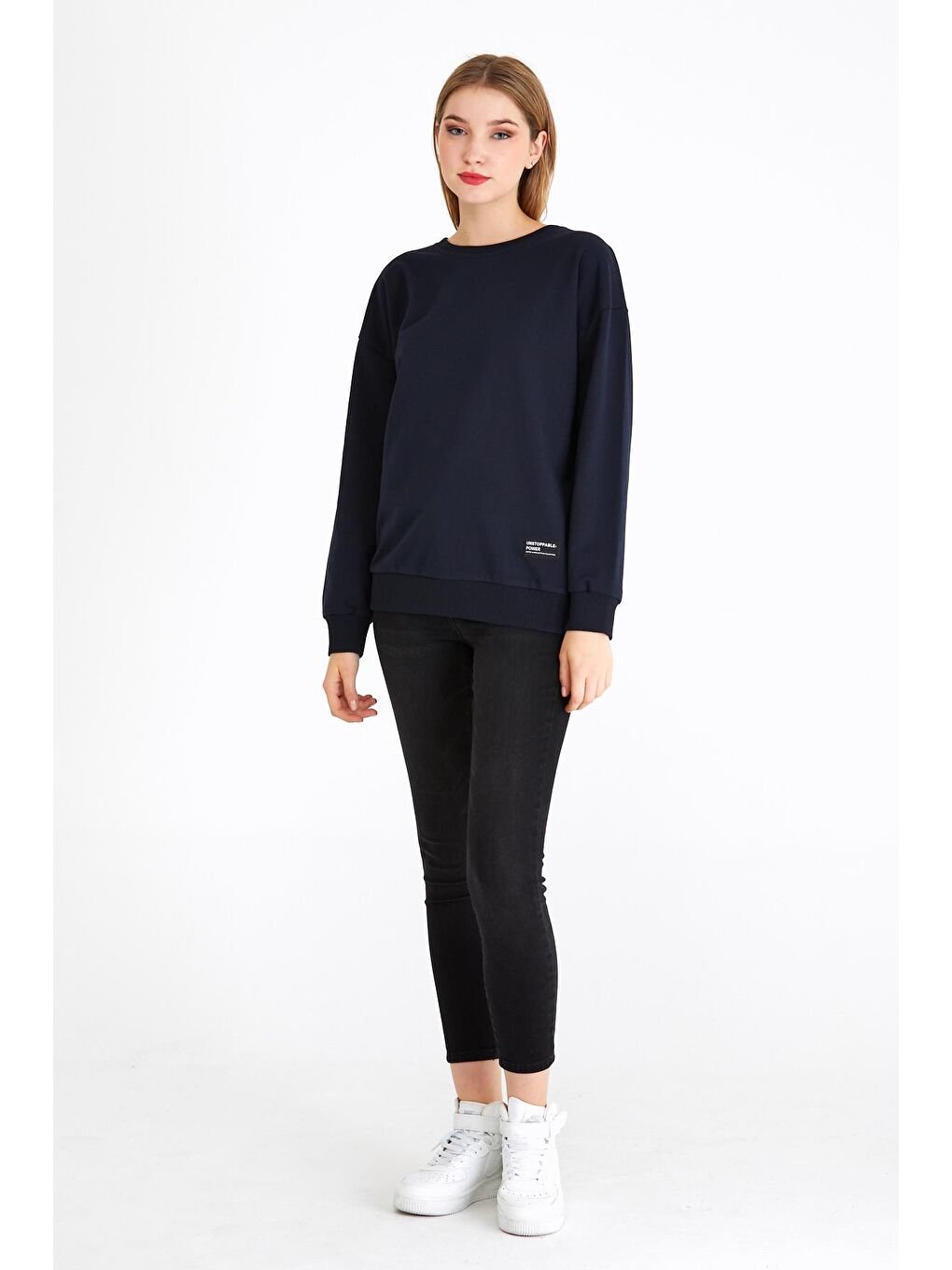 Kadın Lacivert Renk Basic Bisiklet Yaka Sweatshirt-4