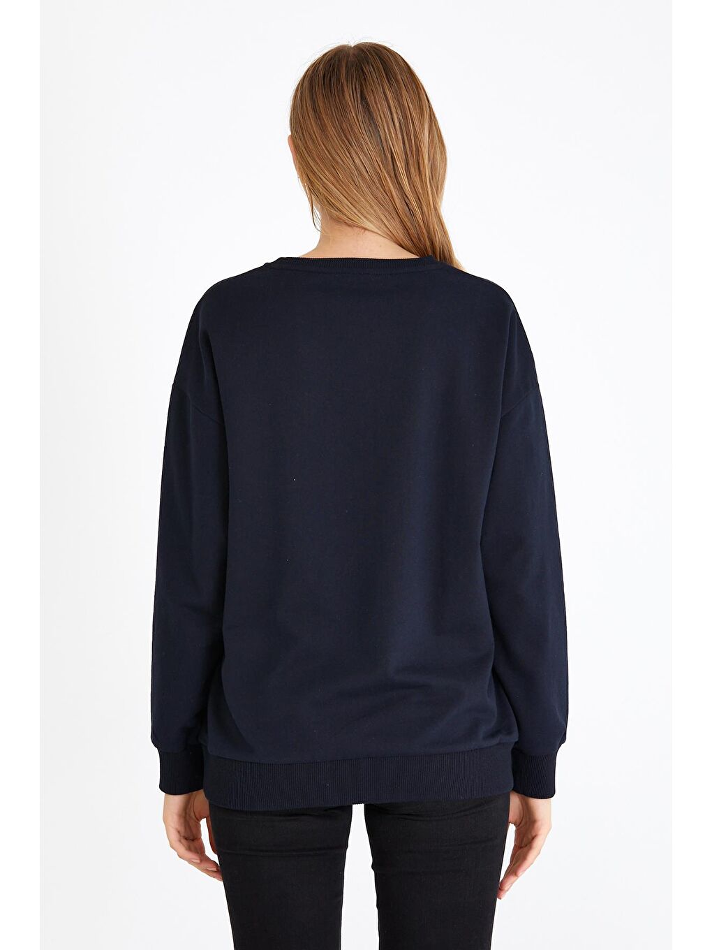 Kadın Lacivert Renk Basic Bisiklet Yaka Sweatshirt-6