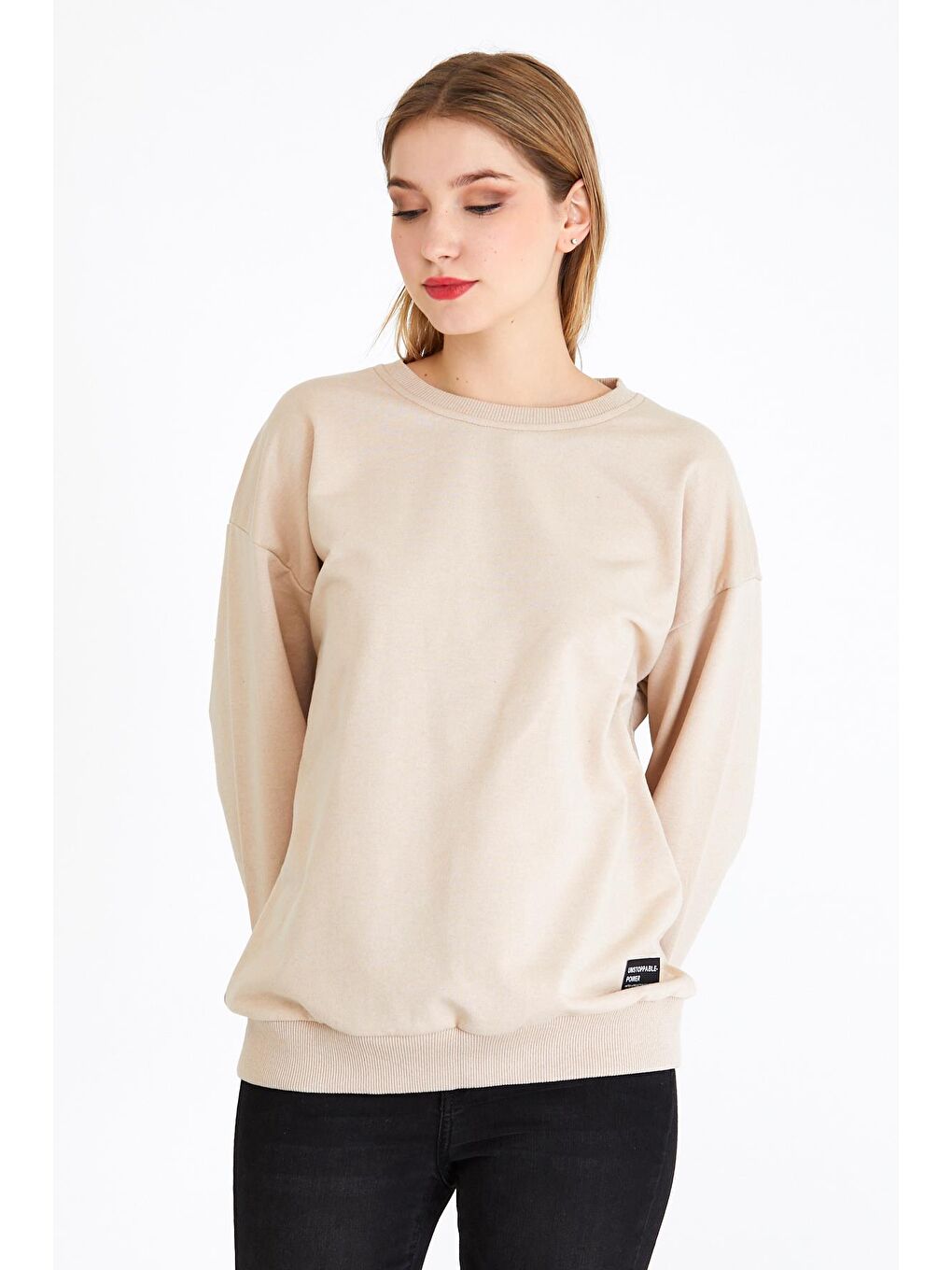 Kadın Bej Renk Basic Bisiklet Yaka Sweatshirt-2