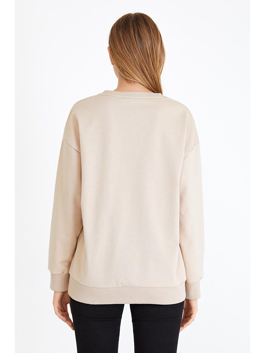 Kadın Bej Renk Basic Bisiklet Yaka Sweatshirt-5