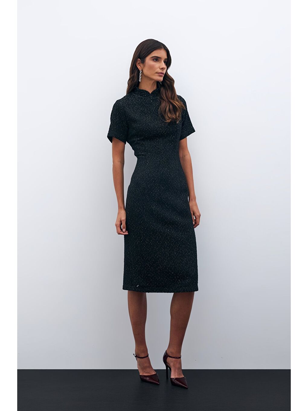 Dik Yaka Tüvit Elbise - Siyah-2