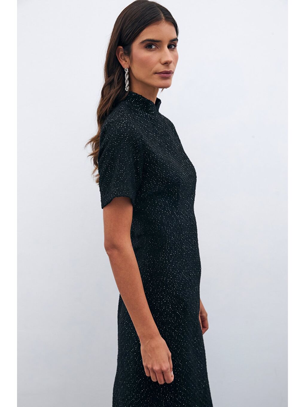 Dik Yaka Tüvit Elbise - Siyah-3