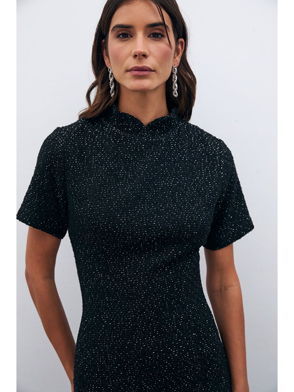 Dik Yaka Tüvit Elbise - Siyah-4