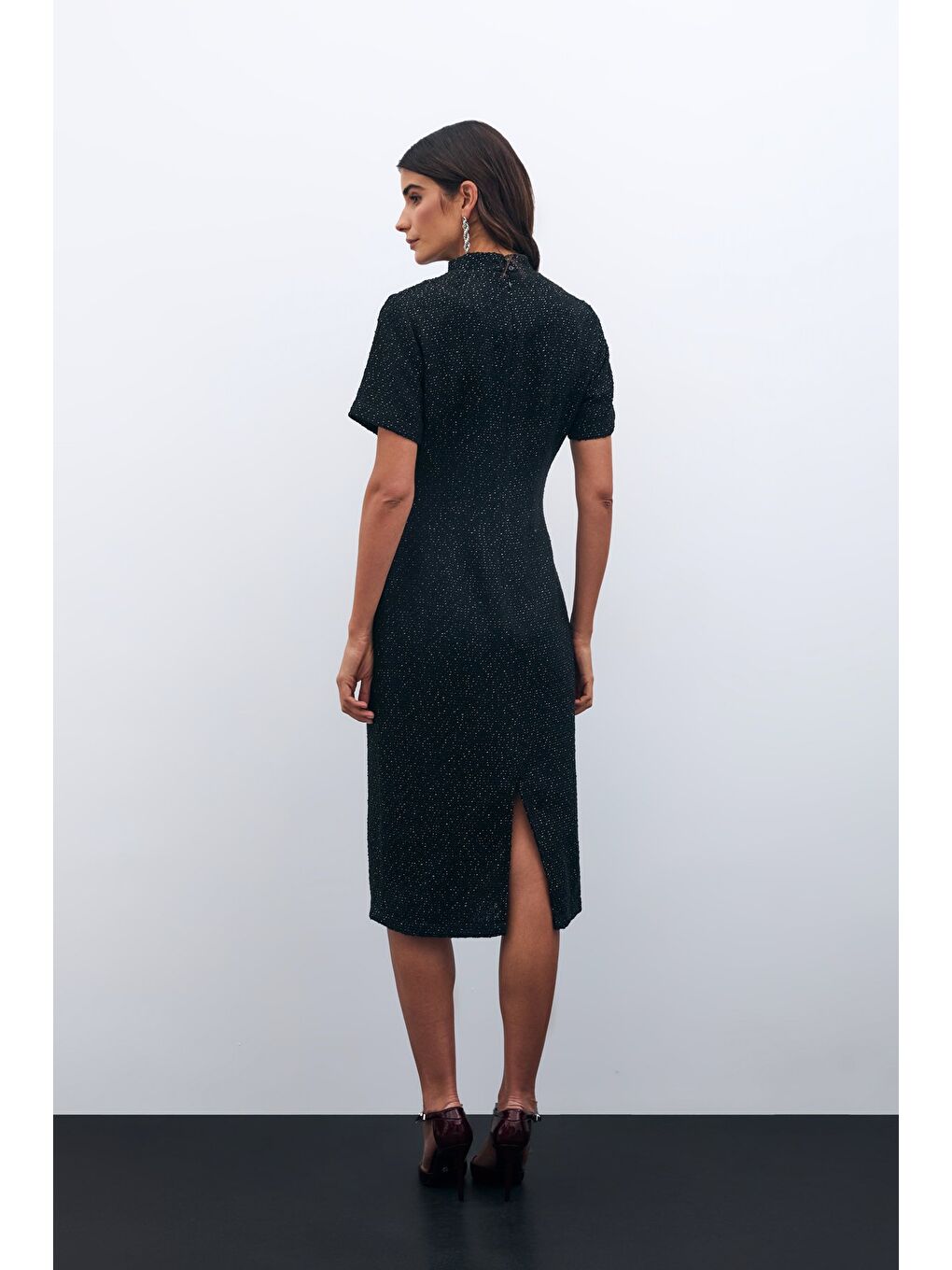 Dik Yaka Tüvit Elbise - Siyah-5