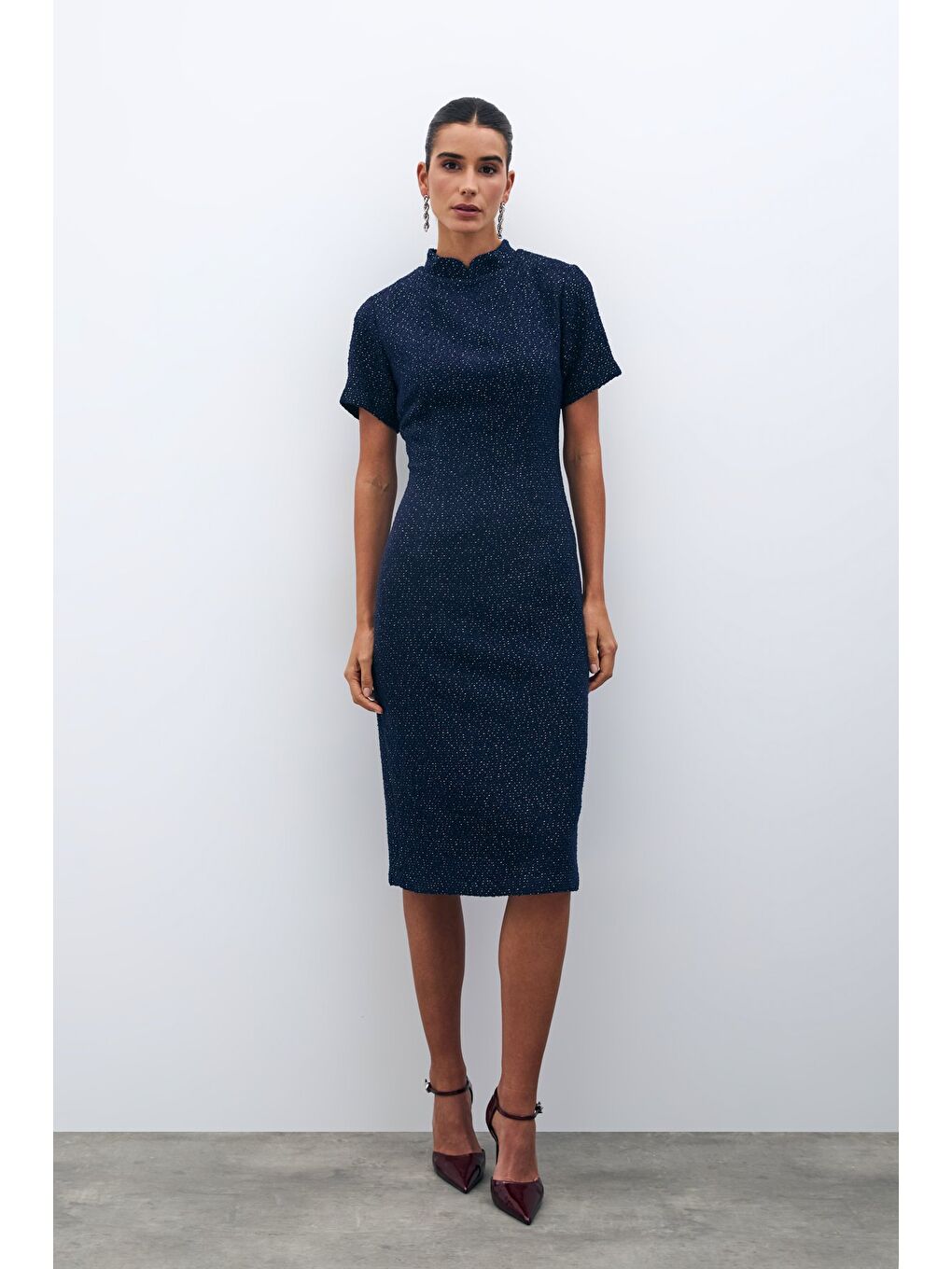 Dik Yaka Tüvit Elbise - Lacivert-1