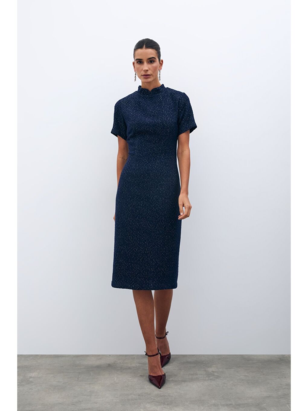Dik Yaka Tüvit Elbise - Lacivert-2