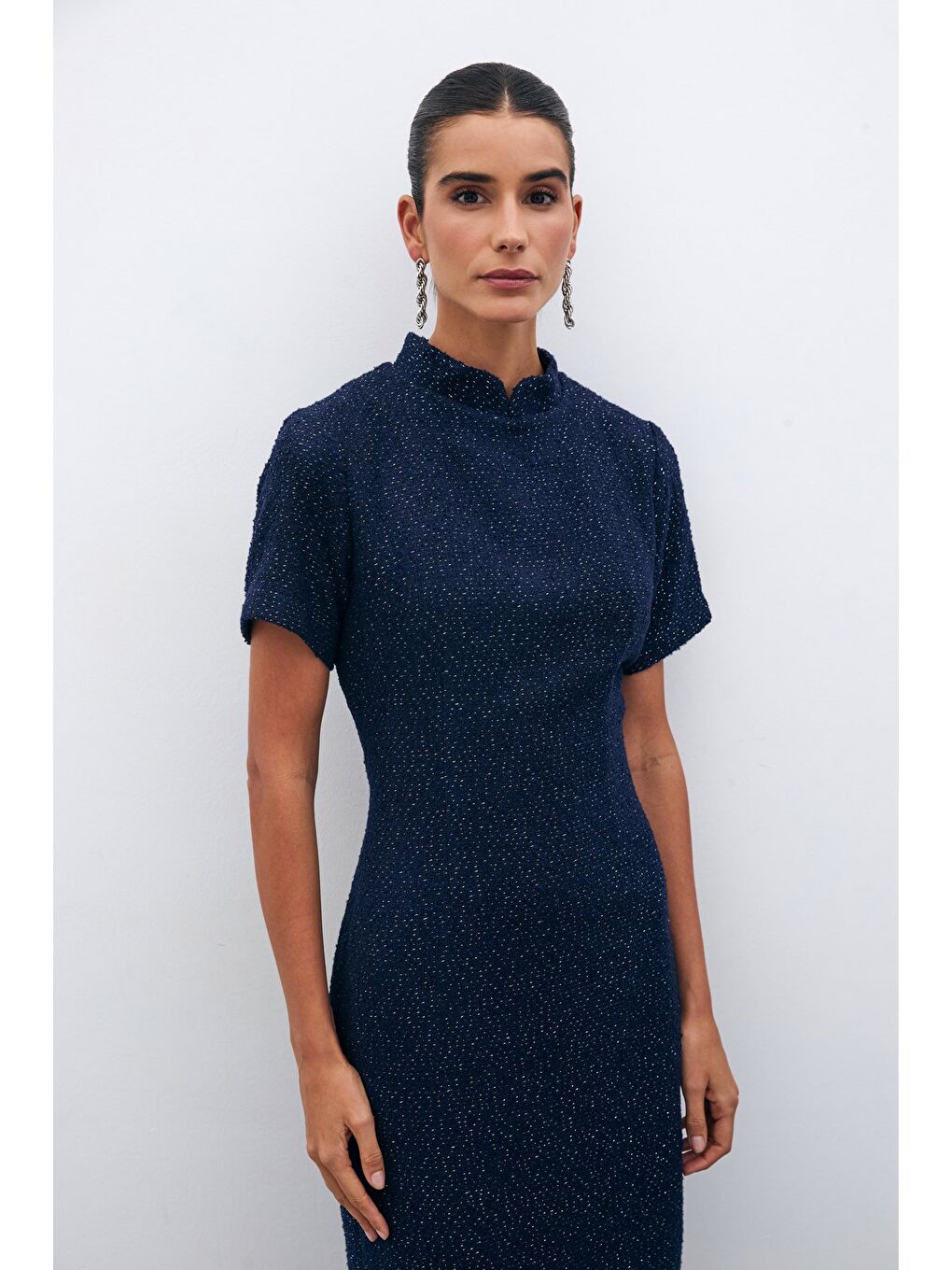Dik Yaka Tüvit Elbise - Lacivert-3