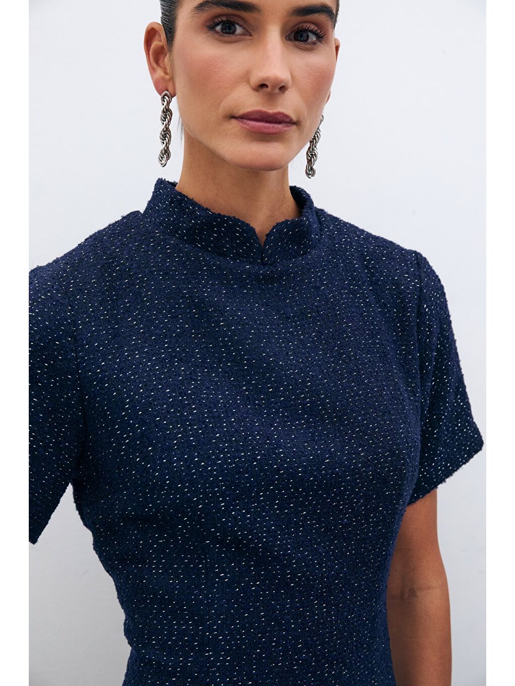 Dik Yaka Tüvit Elbise - Lacivert-4