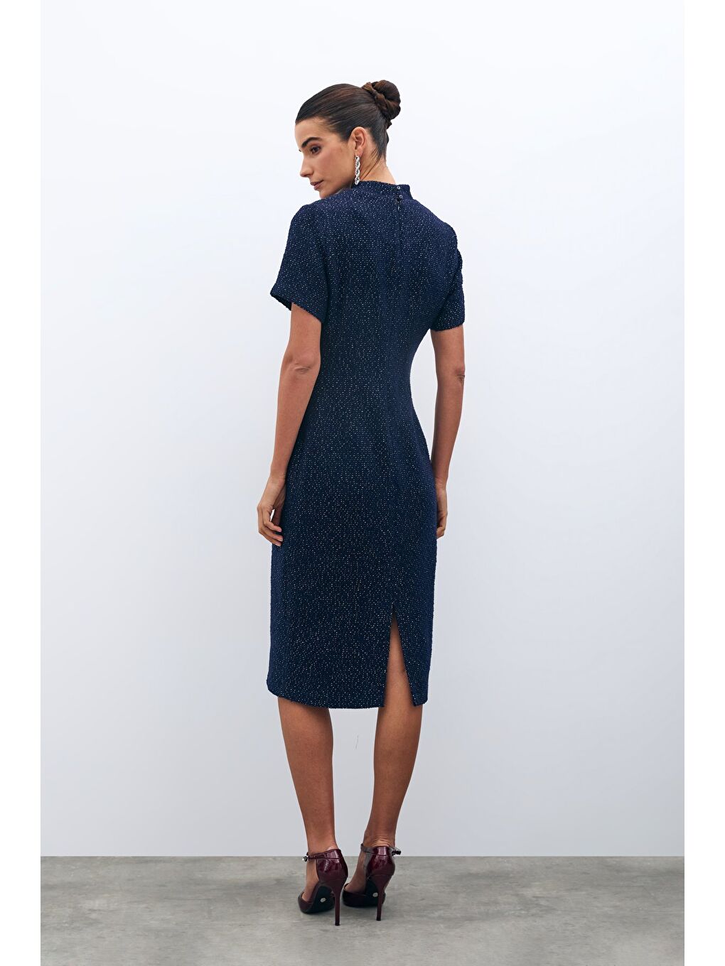 Dik Yaka Tüvit Elbise - Lacivert-5