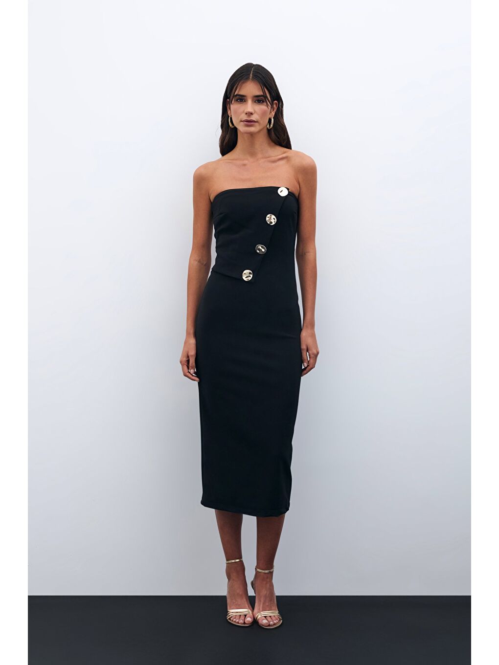 Düğme Aksesuarlı Straplez Elbise - Siyah-1