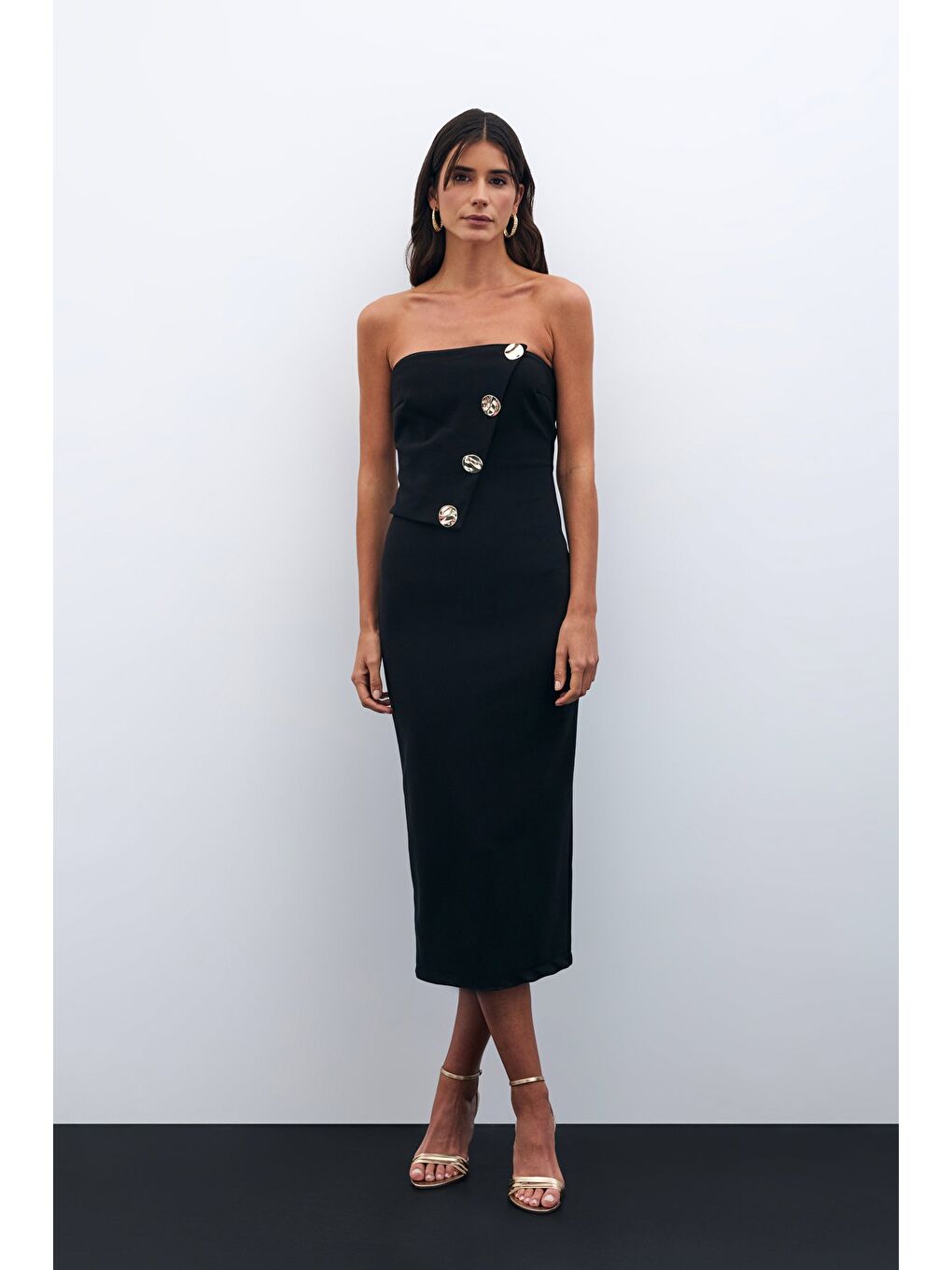 Düğme Aksesuarlı Straplez Elbise - Siyah-2