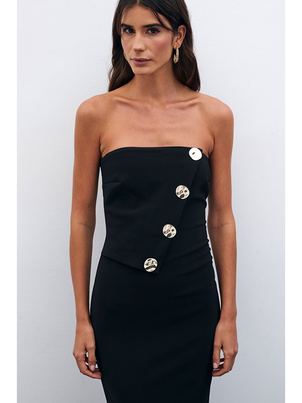 Düğme Aksesuarlı Straplez Elbise - Siyah-3
