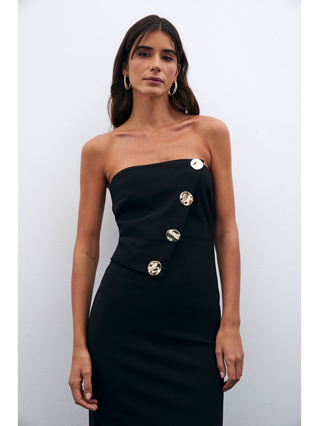 Düğme Aksesuarlı Straplez Elbise - Siyah-5