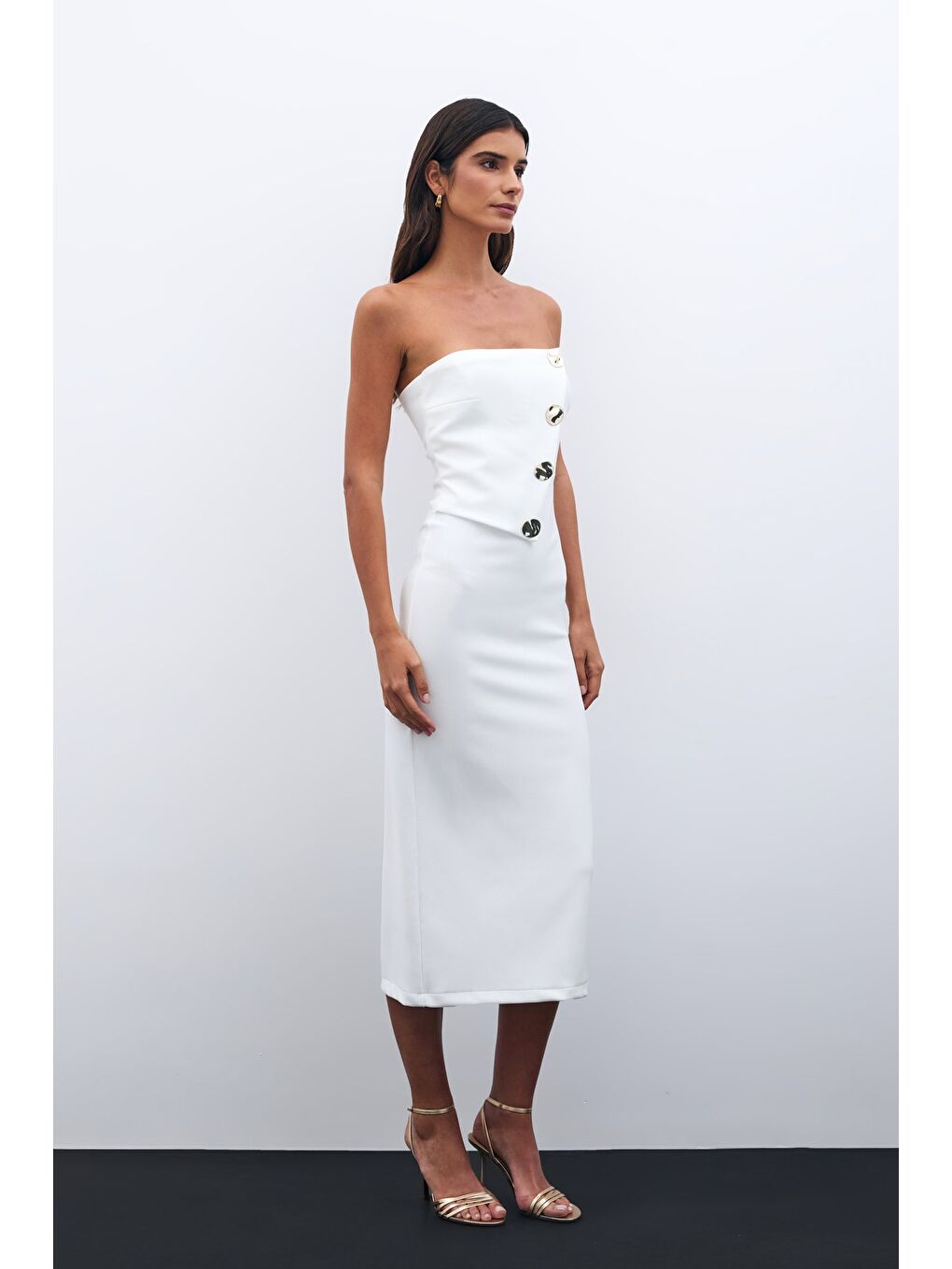Düğme Aksesuarlı Straplez Elbise - Ekru-1