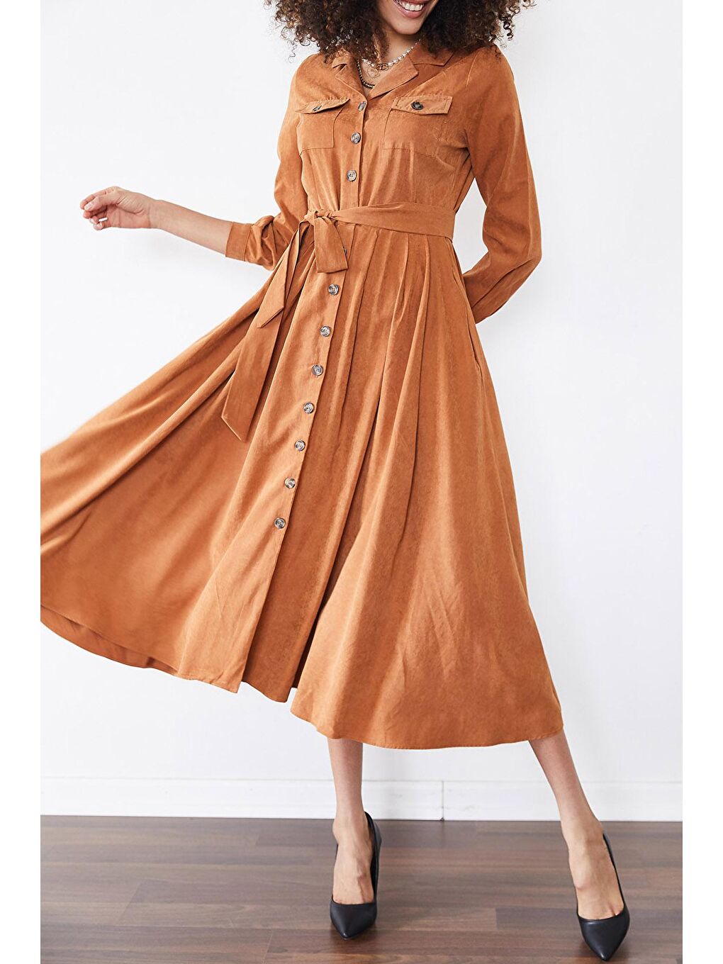 Kahverengi Kiremit Düğmeli Tesettür Elbise 2YXK6-46327-16