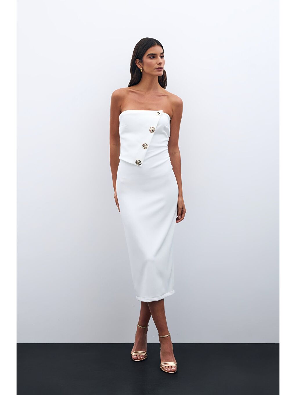 Düğme Aksesuarlı Straplez Elbise - Ekru-2