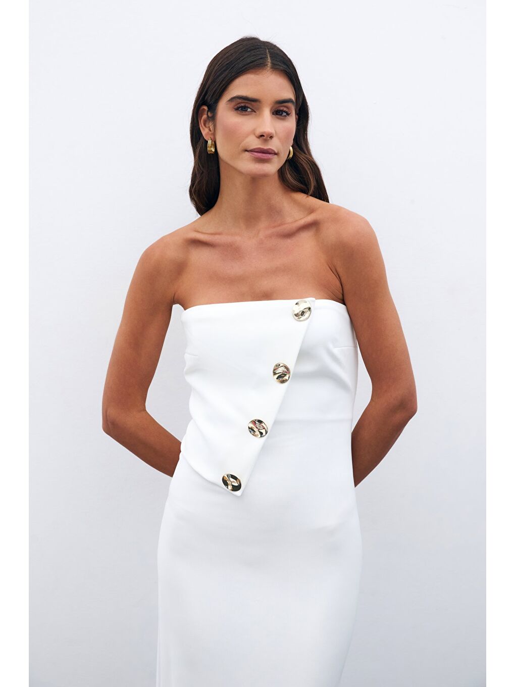 Düğme Aksesuarlı Straplez Elbise - Ekru-3
