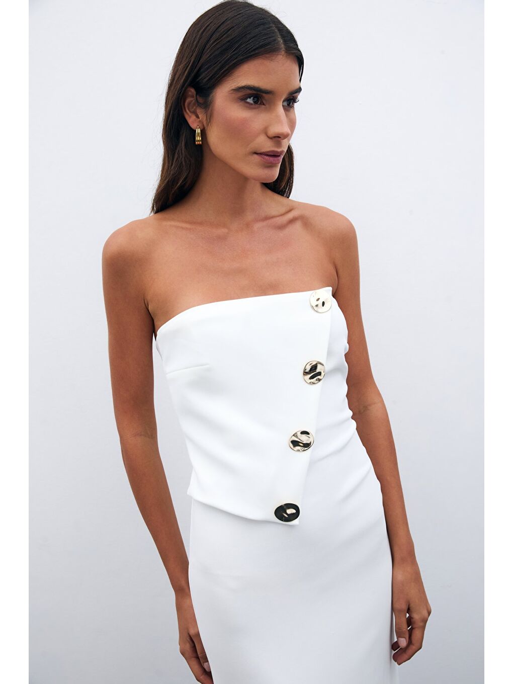 Düğme Aksesuarlı Straplez Elbise - Ekru-4