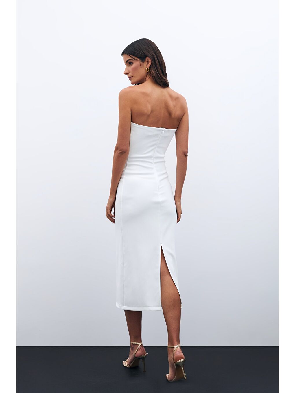 Düğme Aksesuarlı Straplez Elbise - Ekru-6
