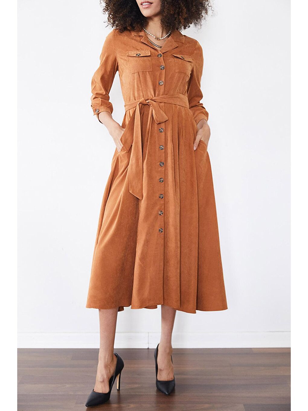 Kahverengi Kiremit Düğmeli Tesettür Elbise 2YXK6-46327-16-1