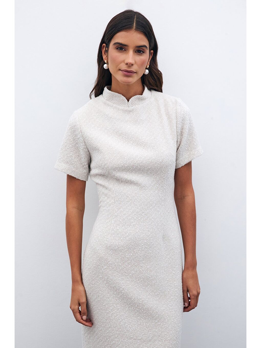 Bej Dik Yaka Tüvit Elbise - Taş-3