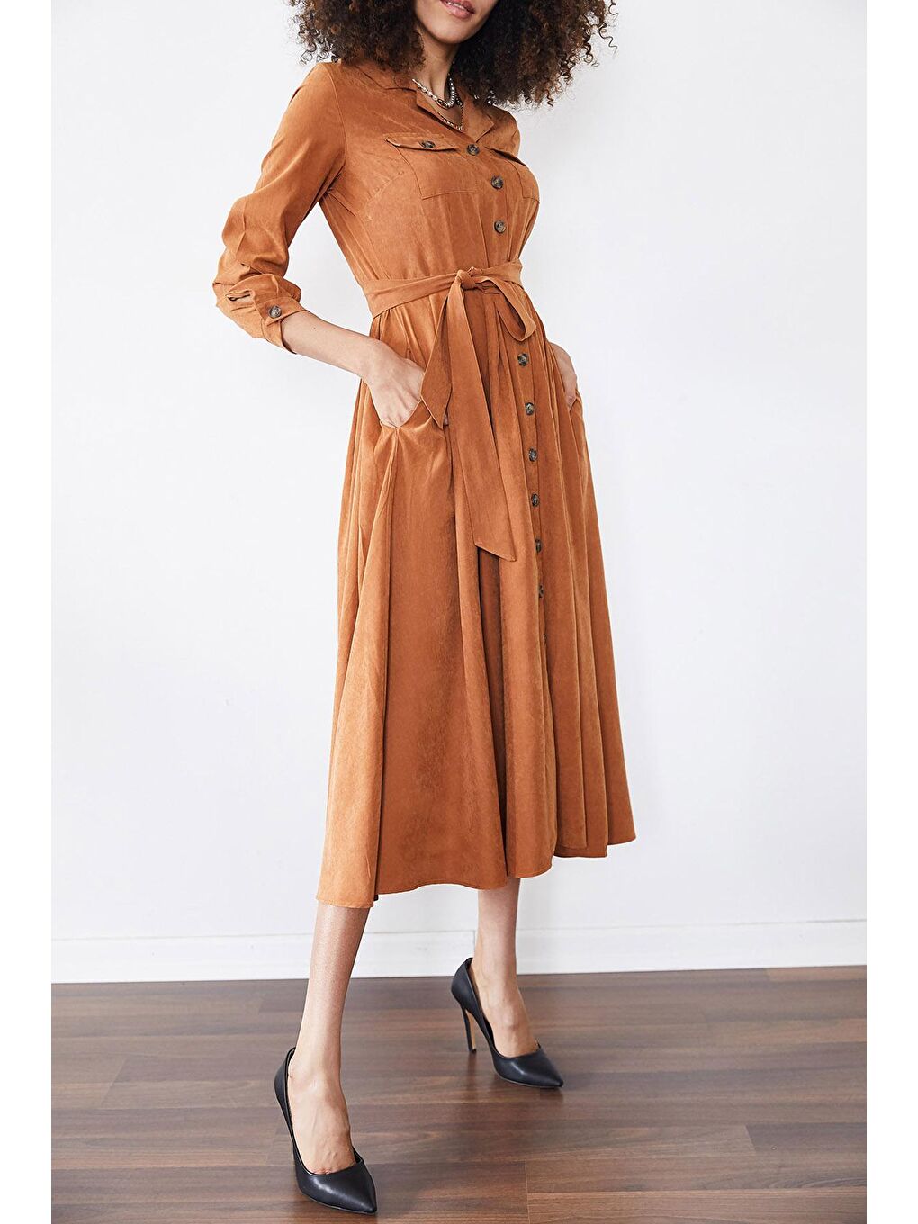 Kahverengi Kiremit Düğmeli Tesettür Elbise 2YXK6-46327-16-2