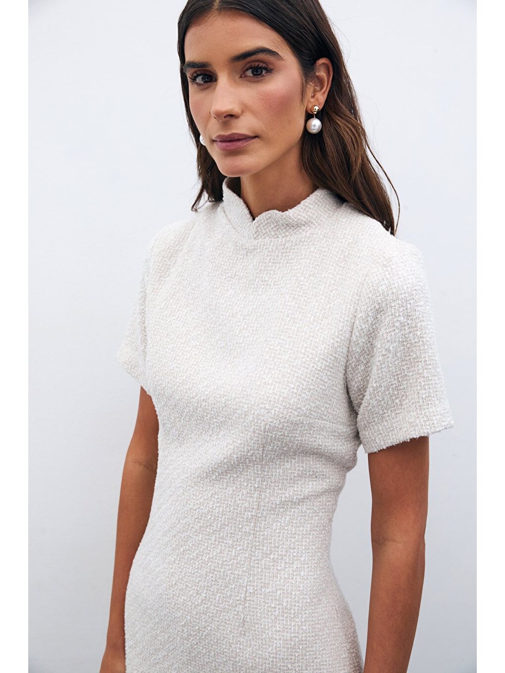 Bej Dik Yaka Tüvit Elbise - Taş-4