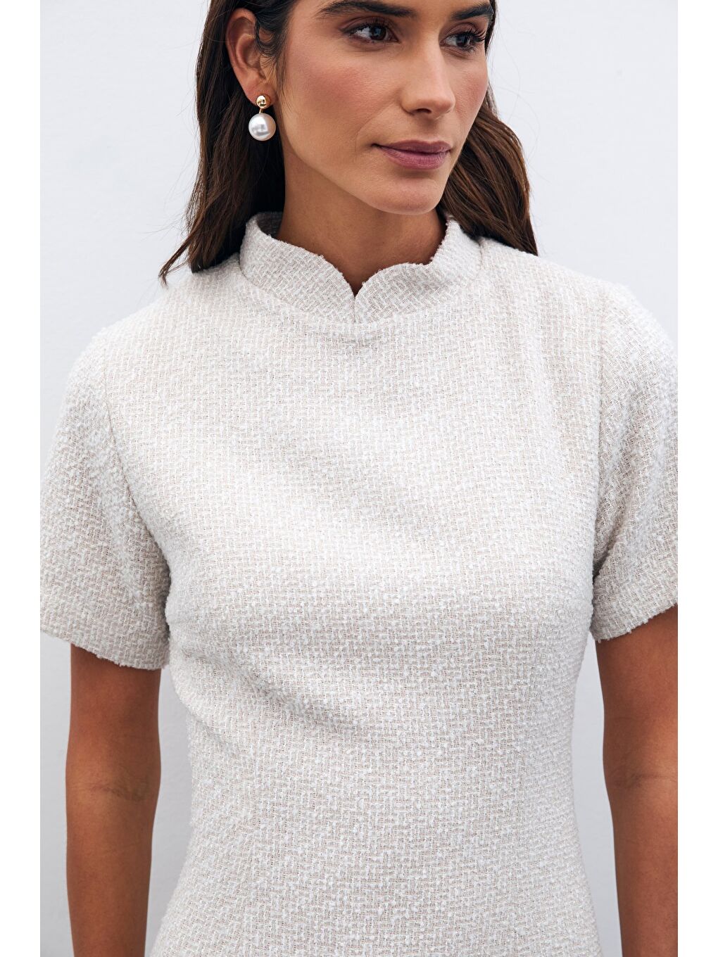 Bej Dik Yaka Tüvit Elbise - Taş-5