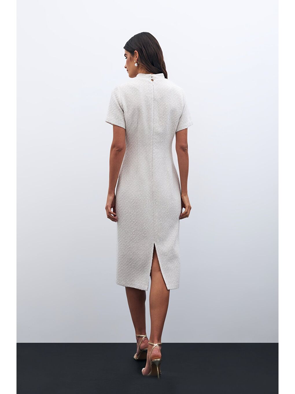 Bej Dik Yaka Tüvit Elbise - Taş-6