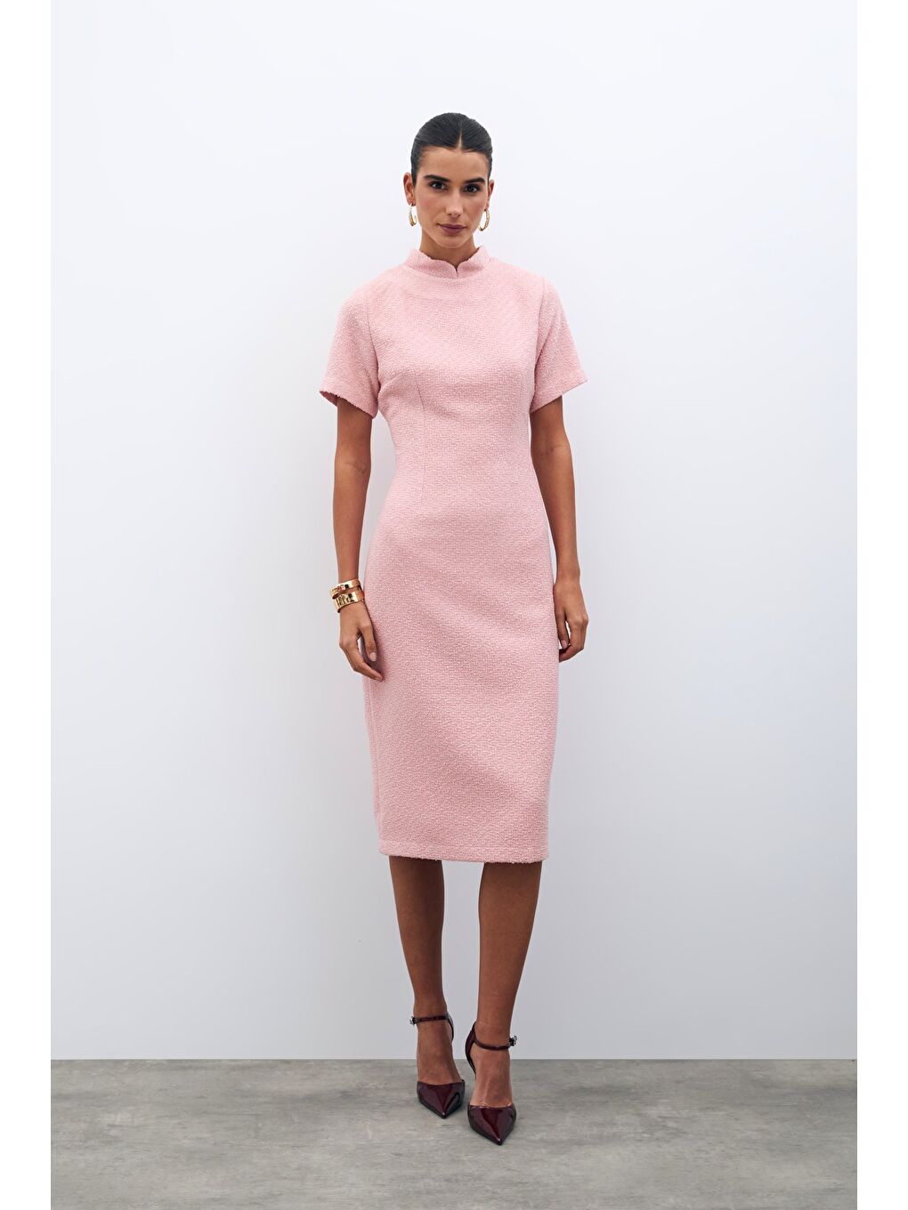 Pembe Dik Yaka Tüvit Elbise - Pudra-1
