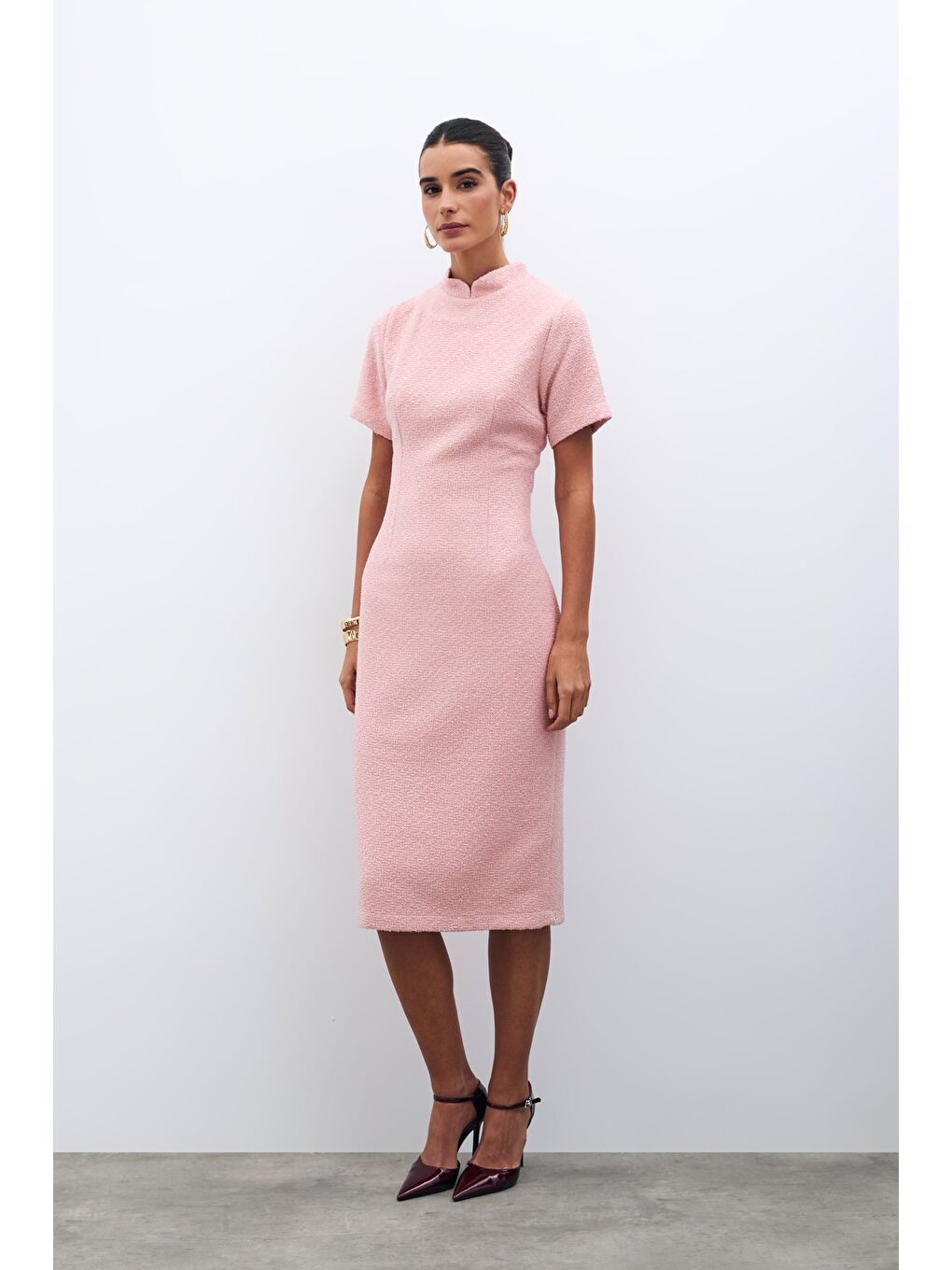 Pembe Dik Yaka Tüvit Elbise - Pudra-2
