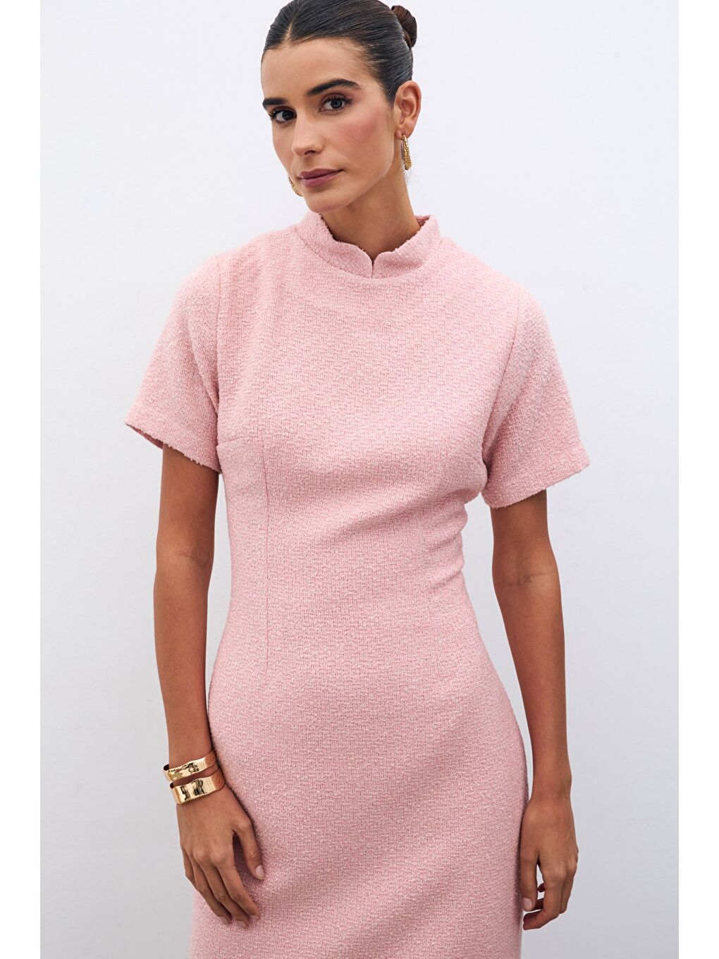Pembe Dik Yaka Tüvit Elbise - Pudra-4