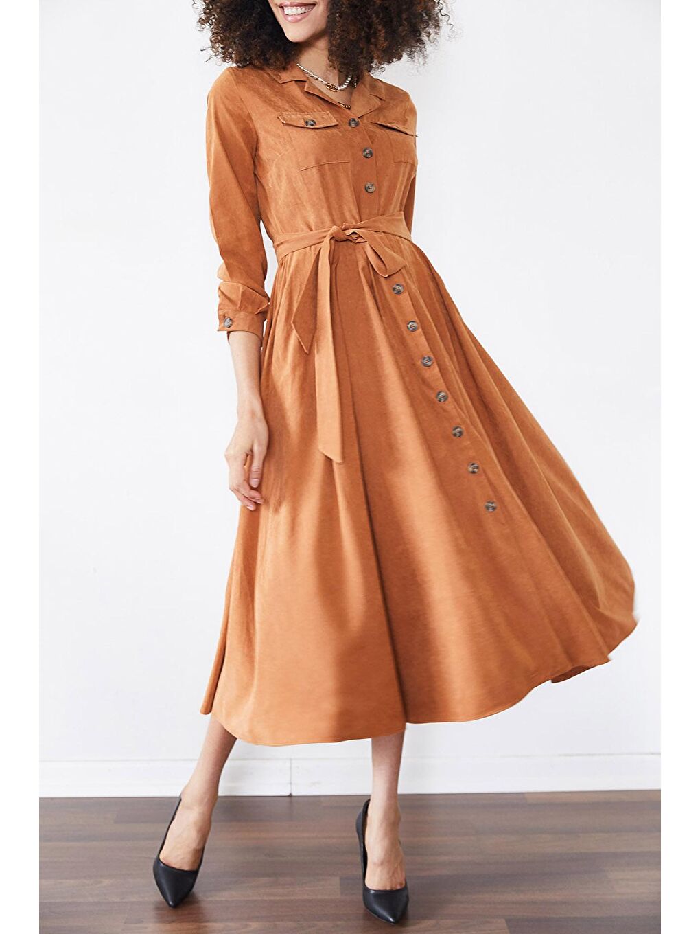 Kahverengi Kiremit Düğmeli Tesettür Elbise 2YXK6-46327-16-3