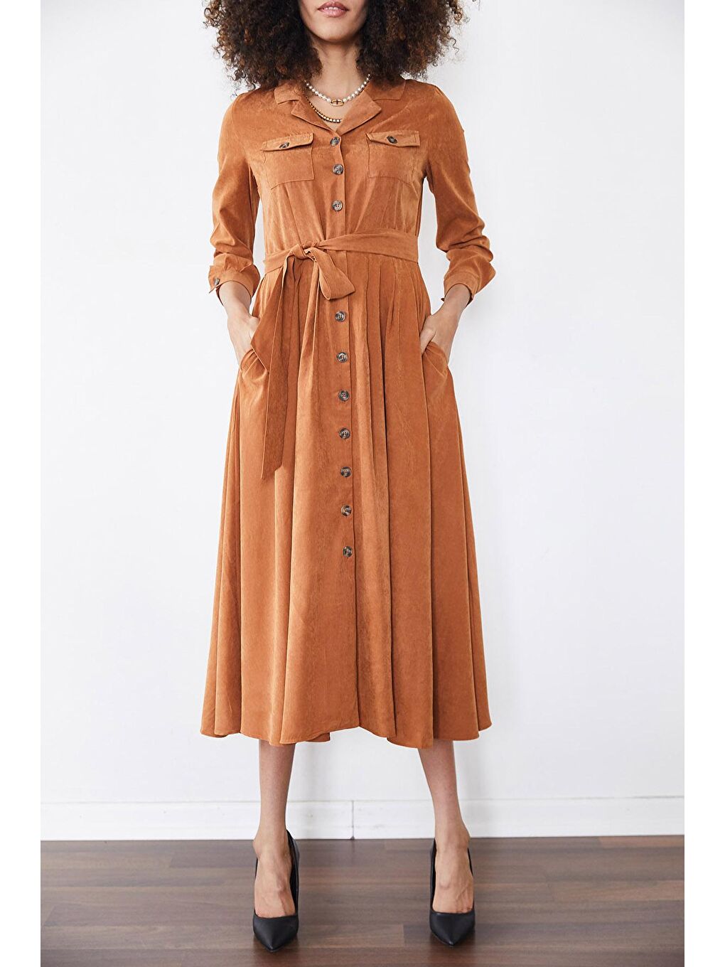 Kahverengi Kiremit Düğmeli Tesettür Elbise 2YXK6-46327-16-4