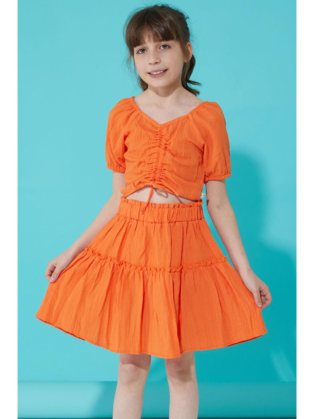 Turuncu Etekli Askılı Bluzlu Kız Çocuk Takım 15343
