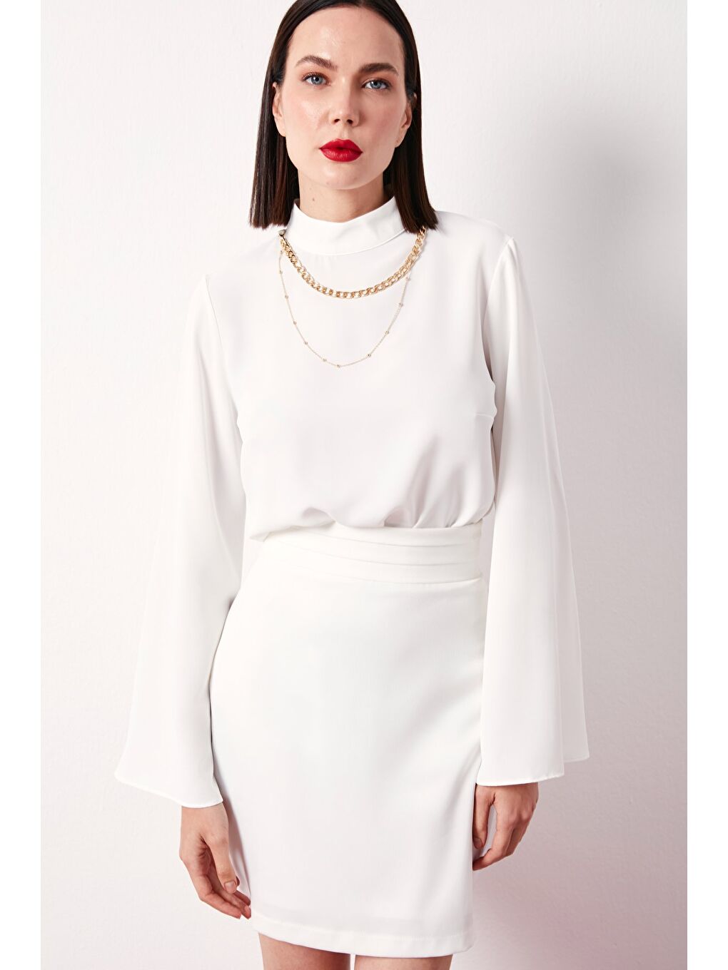 Kolyeli İspanyol Kol Bluz - Ekru-5