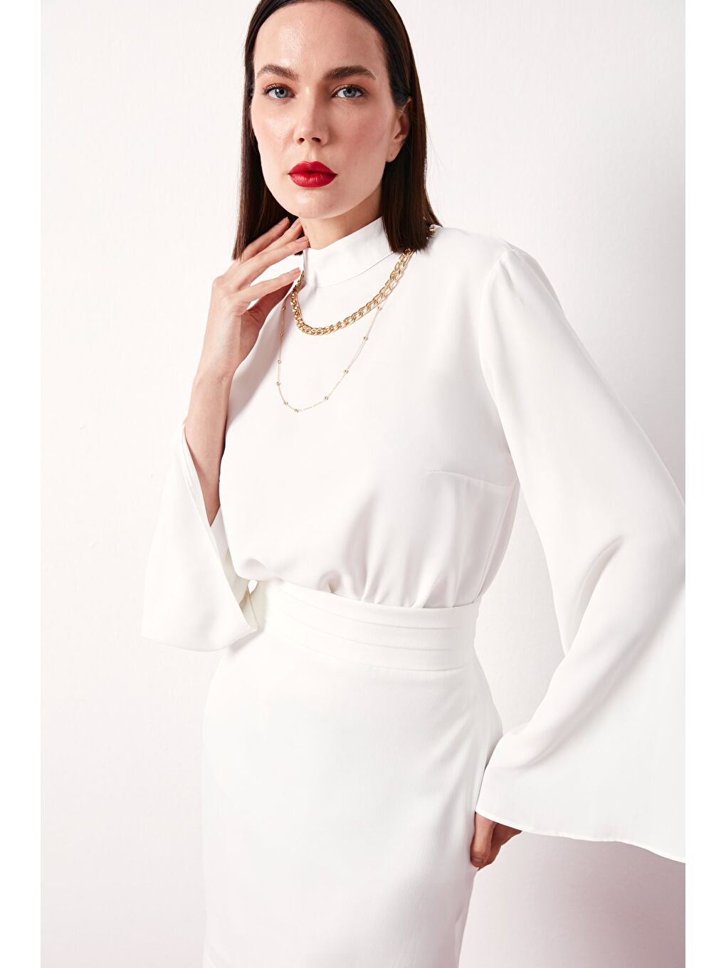 Kolyeli İspanyol Kol Bluz - Ekru-6