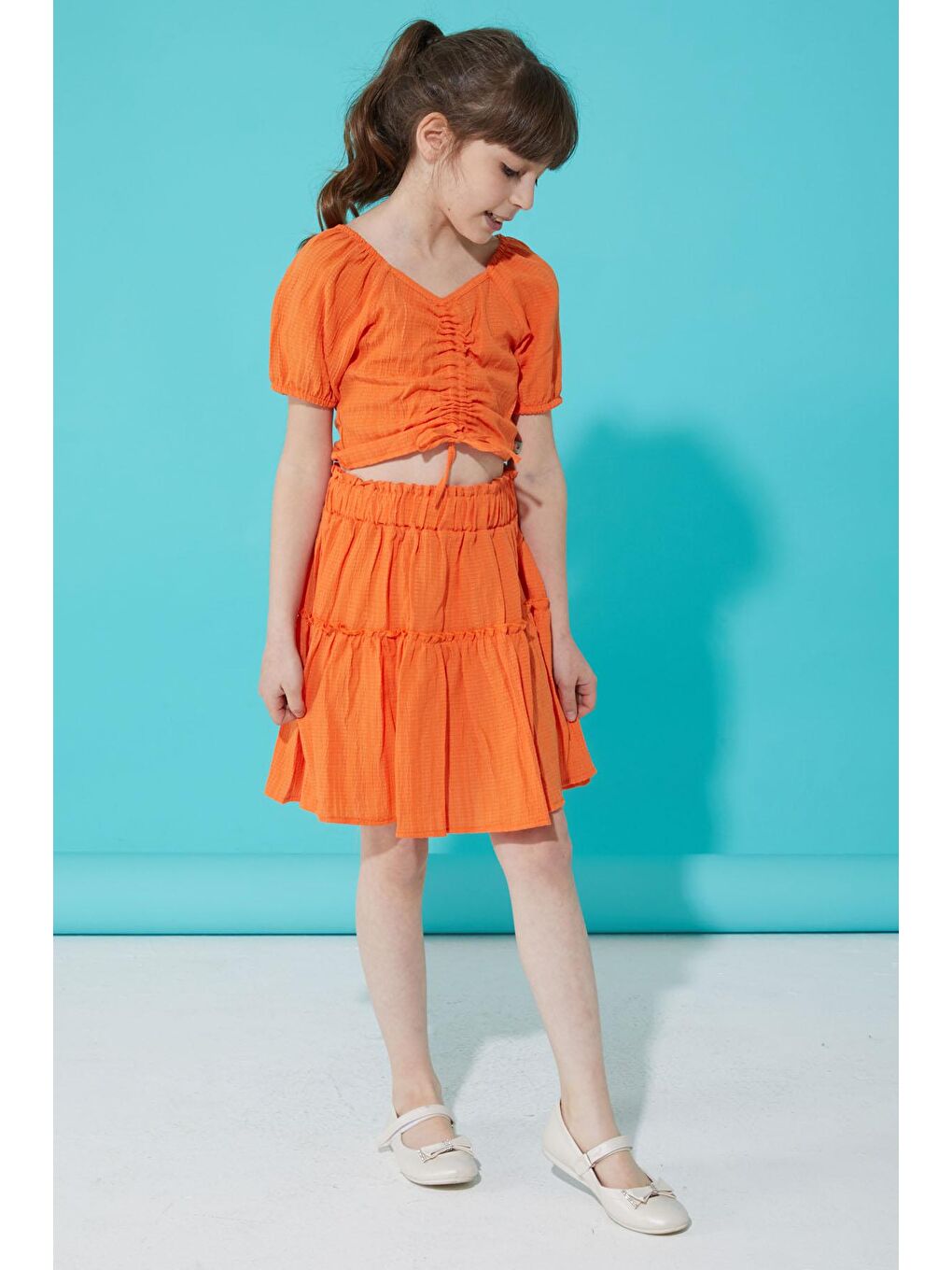 Turuncu Etekli Askılı Bluzlu Kız Çocuk Takım 15343-1