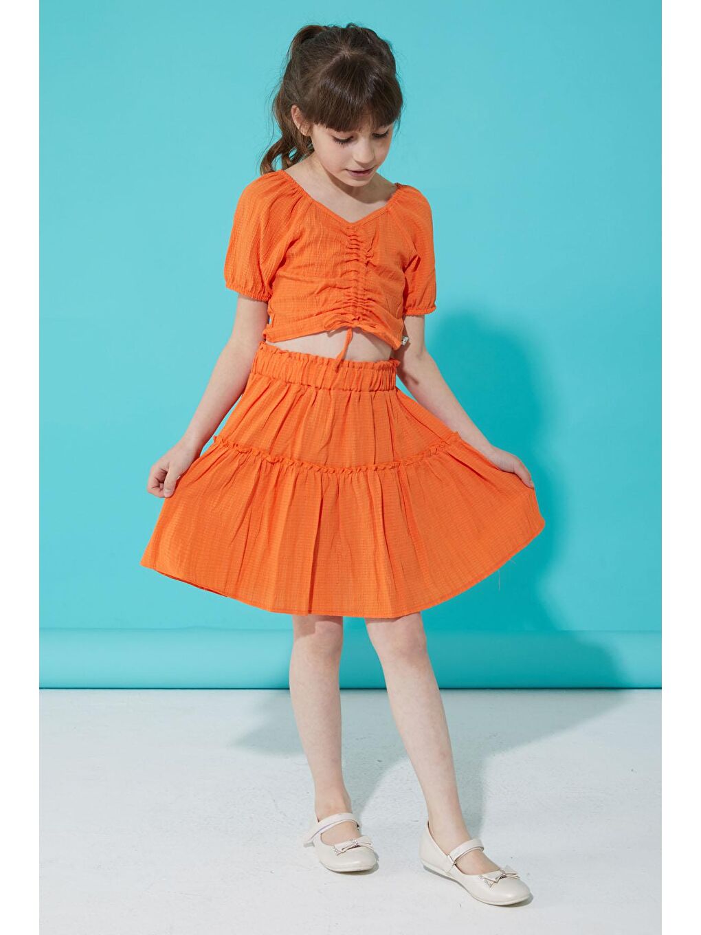 Turuncu Etekli Askılı Bluzlu Kız Çocuk Takım 15343-2