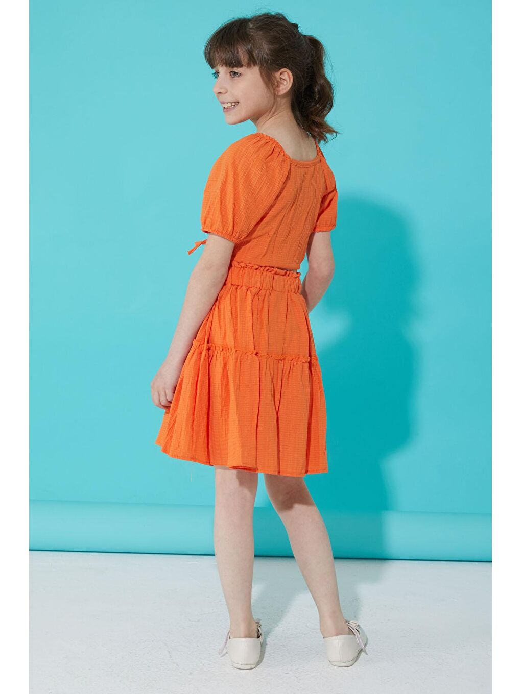 Turuncu Etekli Askılı Bluzlu Kız Çocuk Takım 15343-3